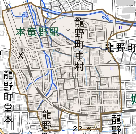 龍野町中村とその周辺の地図。町の範囲を重ねている