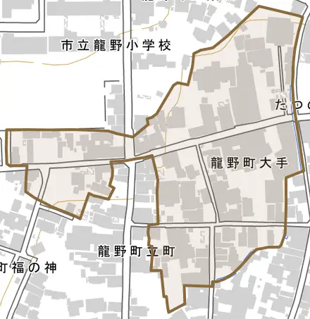 龍野町大手とその周辺の地図。町の範囲を重ねている