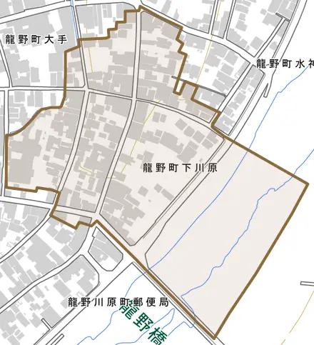 龍野町下川原とその周辺の地図。町の範囲を重ねている