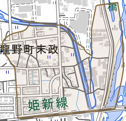 龍野町末政とその周辺の地図。町の範囲を重ねている
