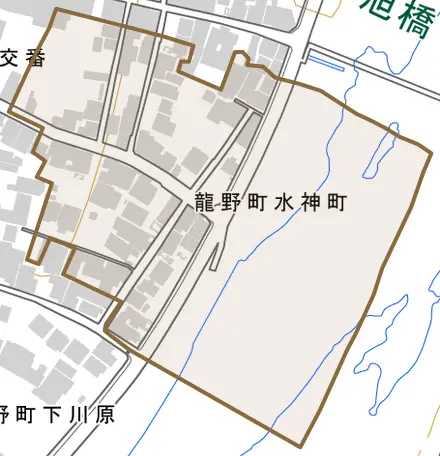 龍野町水神町とその周辺の地図。町の範囲を重ねている