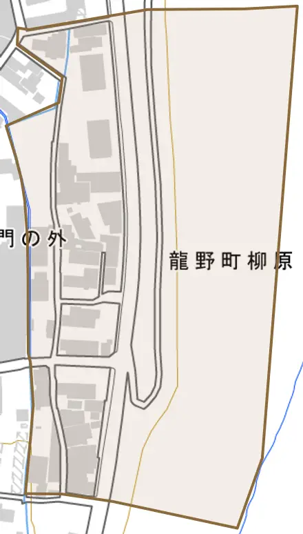 龍野町柳原とその周辺の地図。町の範囲を重ねている