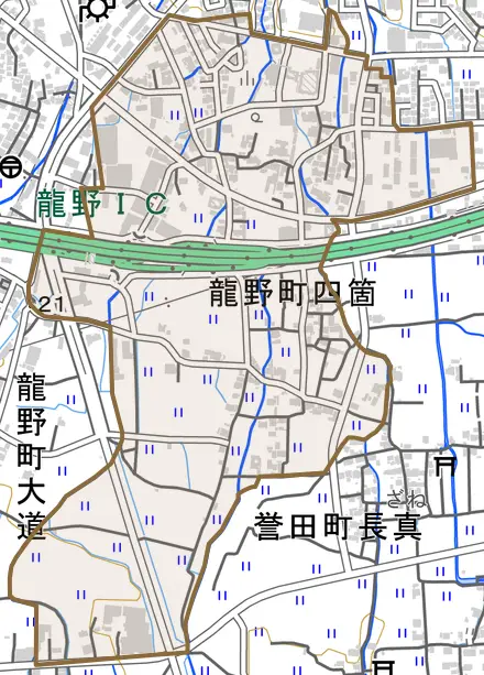 龍野町四箇とその周辺の地図。町の範囲を重ねている