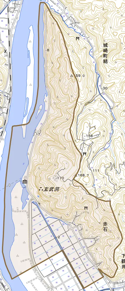 赤石とその周辺の地図。町の範囲を重ねている