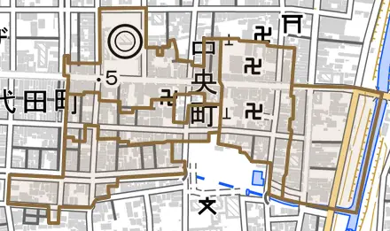 中央町とその周辺の地図。町の範囲を重ねている