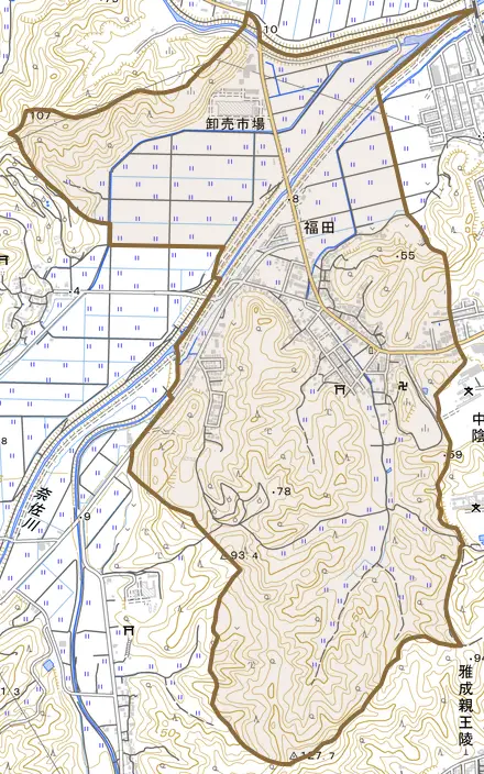 福田とその周辺の地図。町の範囲を重ねている