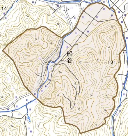 船谷とその周辺の地図。町の範囲を重ねている