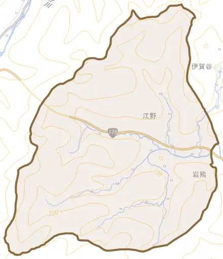 江野とその周辺の地図。町の範囲を重ねている