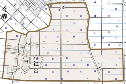 八社宮とその周辺の地図。町の範囲を重ねている