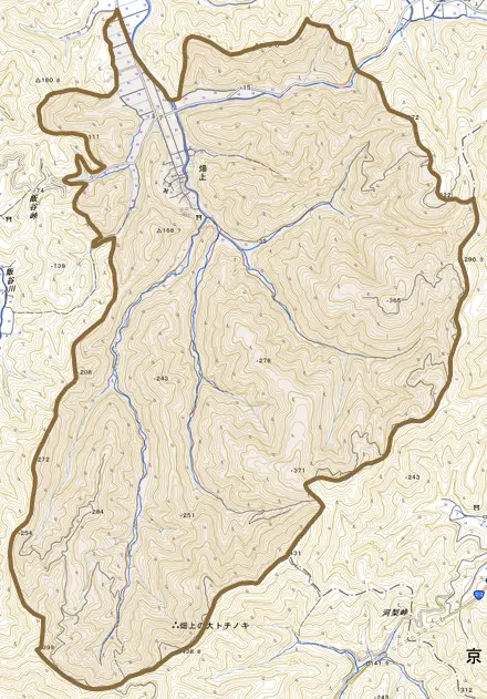 畑上とその周辺の地図。町の範囲を重ねている