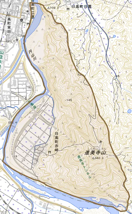 日高町赤崎とその周辺の地図。町の範囲を重ねている