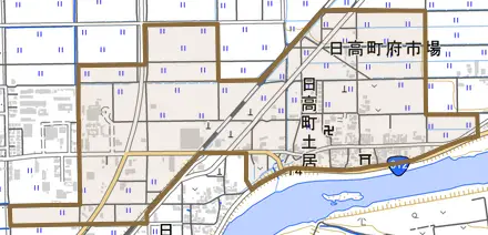 日高町土居とその周辺の地図。町の範囲を重ねている