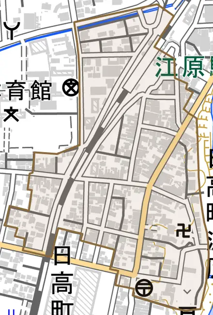 日高町江原とその周辺の地図。町の範囲を重ねている