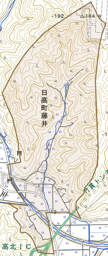 日高町藤井とその周辺の地図。町の範囲を重ねている