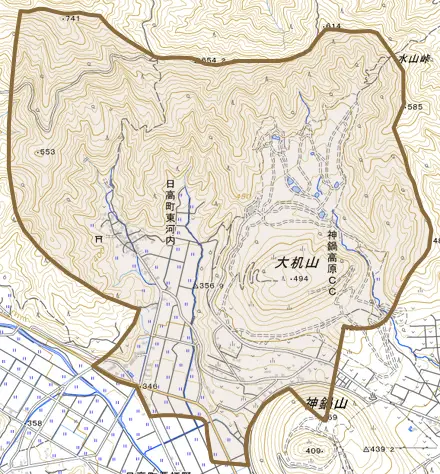 日高町東河内とその周辺の地図。町の範囲を重ねている