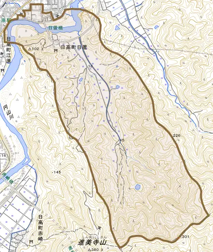 日高町日置とその周辺の地図。町の範囲を重ねている