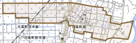 日高町堀とその周辺の地図。町の範囲を重ねている