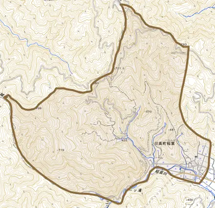 日高町稲葉とその周辺の地図。町の範囲を重ねている
