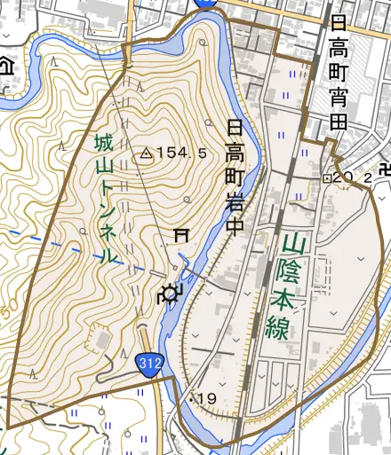 日高町岩中とその周辺の地図。町の範囲を重ねている