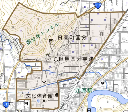 日高町国分寺とその周辺の地図。町の範囲を重ねている