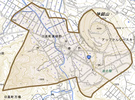 日高町栗栖野とその周辺の地図。町の範囲を重ねている
