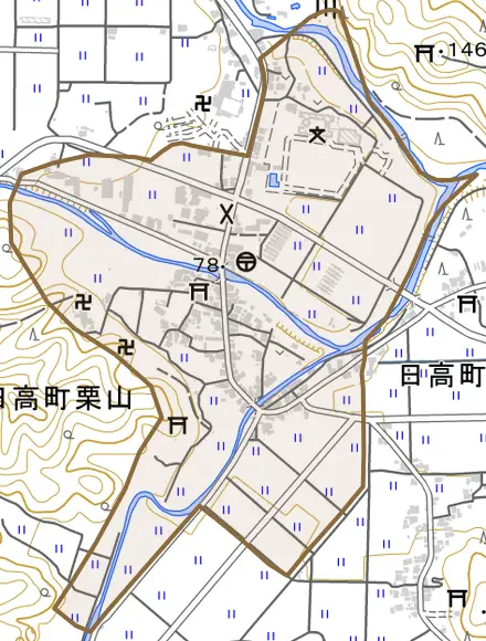 日高町栗山とその周辺の地図。町の範囲を重ねている