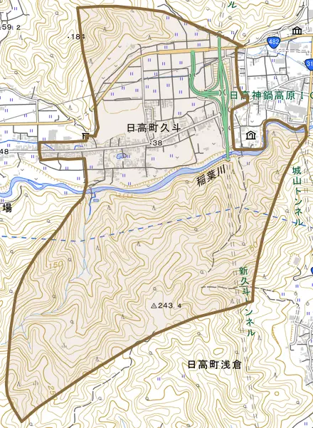 日高町久斗とその周辺の地図。町の範囲を重ねている