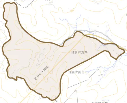 日高町万劫とその周辺の地図。町の範囲を重ねている
