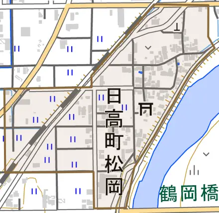 日高町松岡とその周辺の地図。町の範囲を重ねている