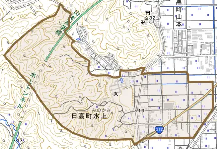 日高町水上とその周辺の地図。町の範囲を重ねている