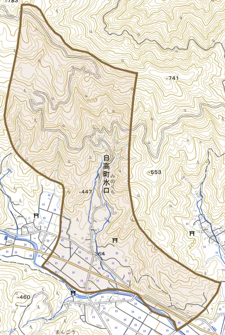 日高町水口とその周辺の地図。町の範囲を重ねている