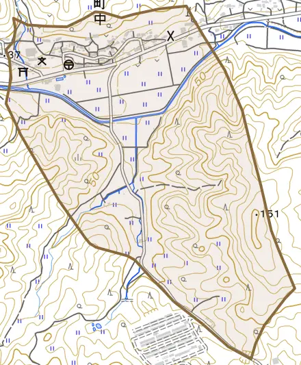 日高町中とその周辺の地図。町の範囲を重ねている
