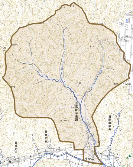 日高町奈佐路とその周辺の地図。町の範囲を重ねている