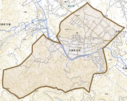 日高町名色とその周辺の地図。町の範囲を重ねている