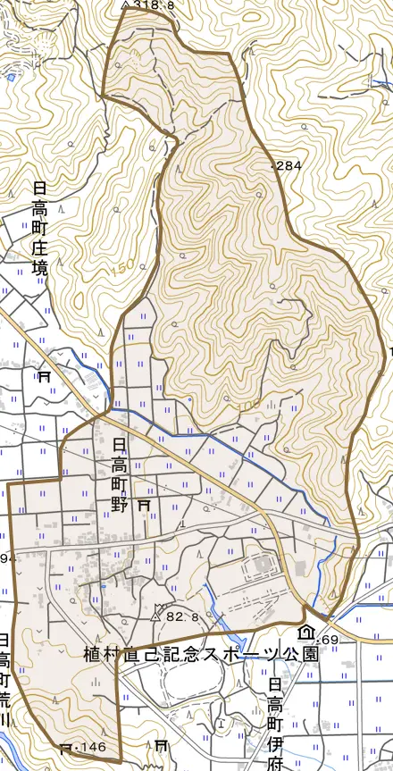 日高町野とその周辺の地図。町の範囲を重ねている