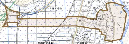 日高町野々庄とその周辺の地図。町の範囲を重ねている