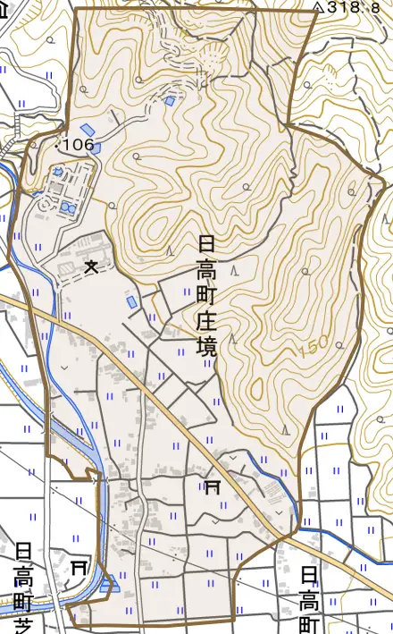 日高町庄境とその周辺の地図。町の範囲を重ねている