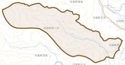 日高町田ノ口とその周辺の地図。町の範囲を重ねている