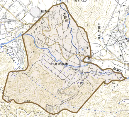 日高町栃本とその周辺の地図。町の範囲を重ねている