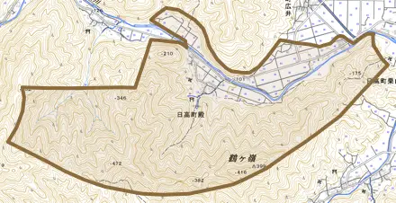 日高町殿とその周辺の地図。町の範囲を重ねている