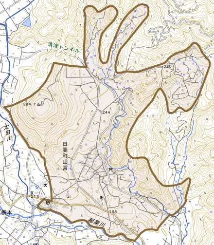 日高町山宮とその周辺の地図。町の範囲を重ねている