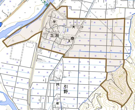 土渕とその周辺の地図。町の範囲を重ねている