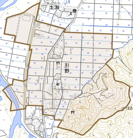 引野とその周辺の地図。町の範囲を重ねている