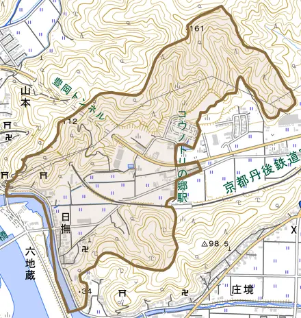 日撫とその周辺の地図。町の範囲を重ねている