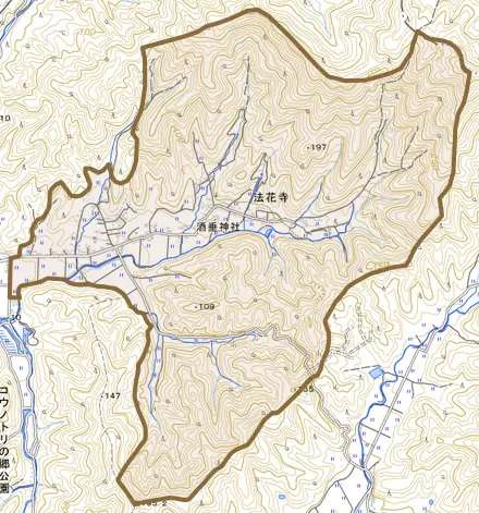 法花寺とその周辺の地図。町の範囲を重ねている
