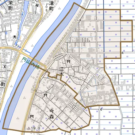 今森とその周辺の地図。町の範囲を重ねている