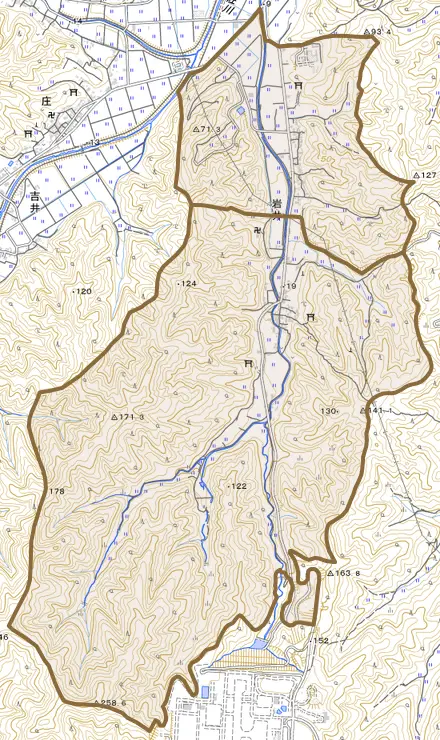 岩井とその周辺の地図。町の範囲を重ねている