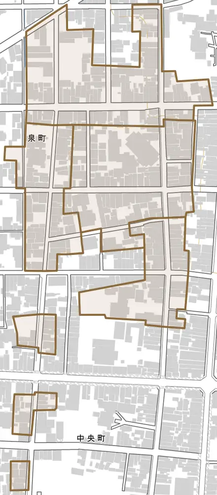 泉町とその周辺の地図。町の範囲を重ねている