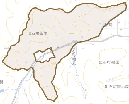 出石町荒木とその周辺の地図。町の範囲を重ねている