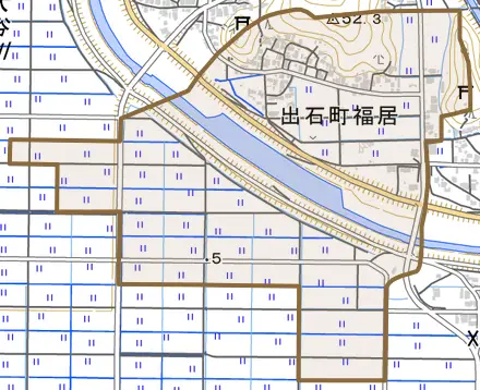 出石町福居とその周辺の地図。町の範囲を重ねている
